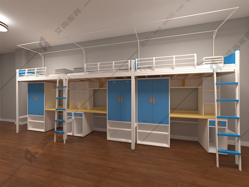 艾尚家具給客戶定制的這款大學公寓床的大有講究，米白色代表了友善，搭配淺藍色的整體家具，玩味十足，讓人心情愉快。淺藍色能讓原本不大的空間在視覺上顯得格外寬敞，使空間溫柔細膩，厚實迷人。