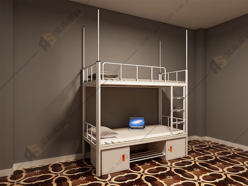 帶柜雙層鐵架床產品圖 艾尚家具所有帶柜雙層鐵架床都是質保十年的,十年之內有任何問題,我們可以免費維修退換,直到您滿意為止。而且艾尚的帶柜雙層鐵架床一張普通的兩人位凈重就46公斤,可稱重400kg以上,好質量才敢說這樣的大話,如存在疑慮可以到我們廠家直接來考察。